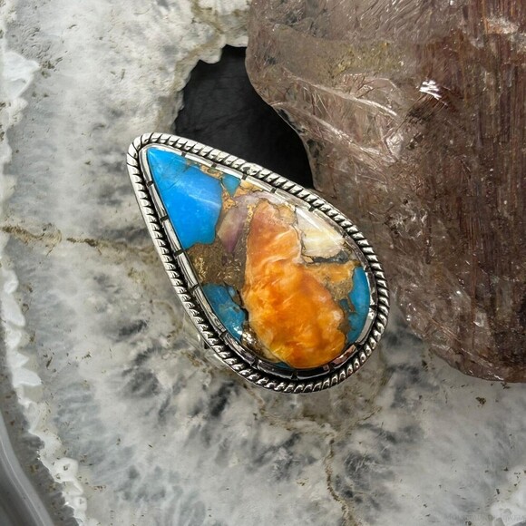 Sterling Southwestern Style Teardrop Turquoise Spiny Oyster Ring Sz 10 For Women - Picture 1 of 10